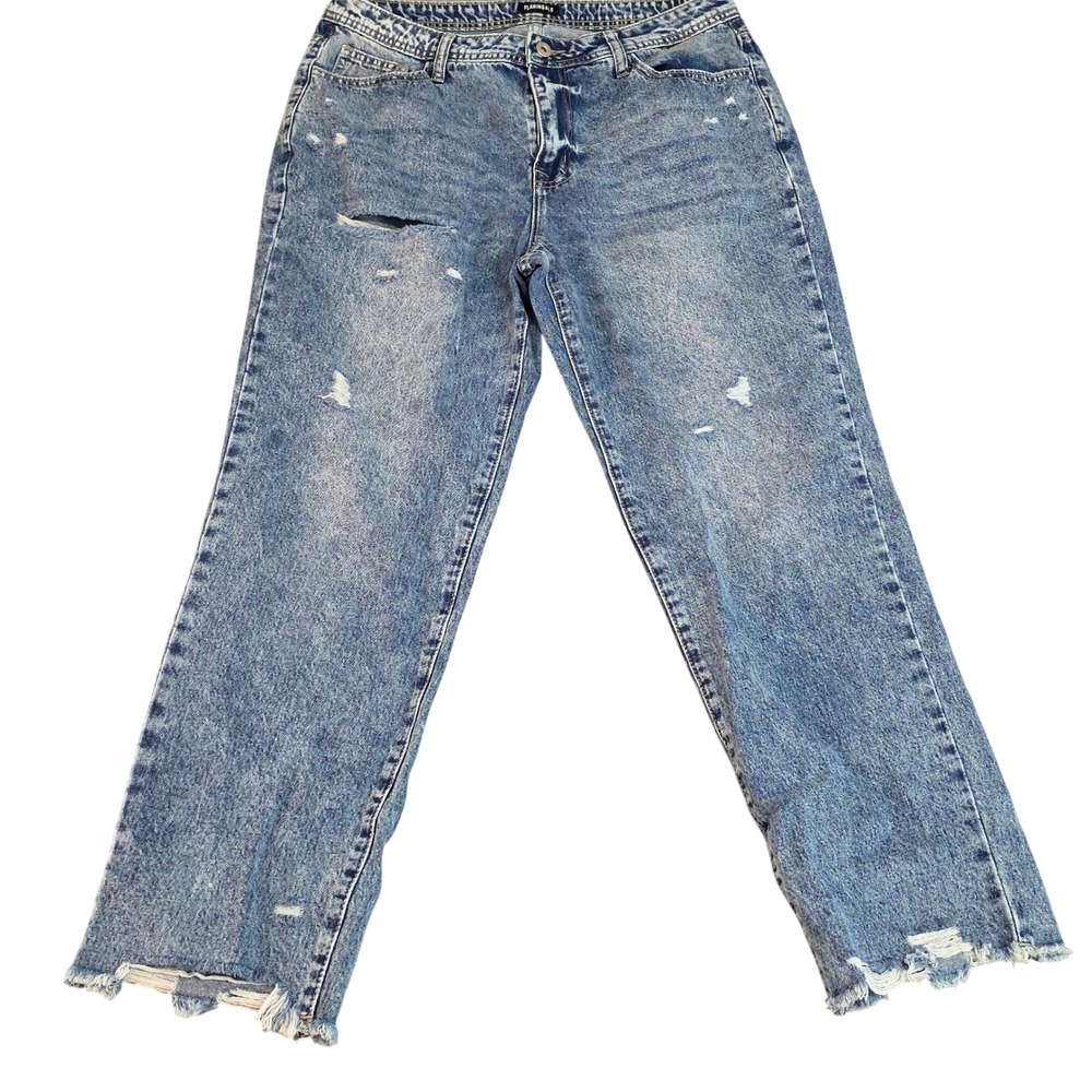 Flamingals Straight Leg Jeans Womens Size L Blue Distressed Raw Hem Edgy Grunge